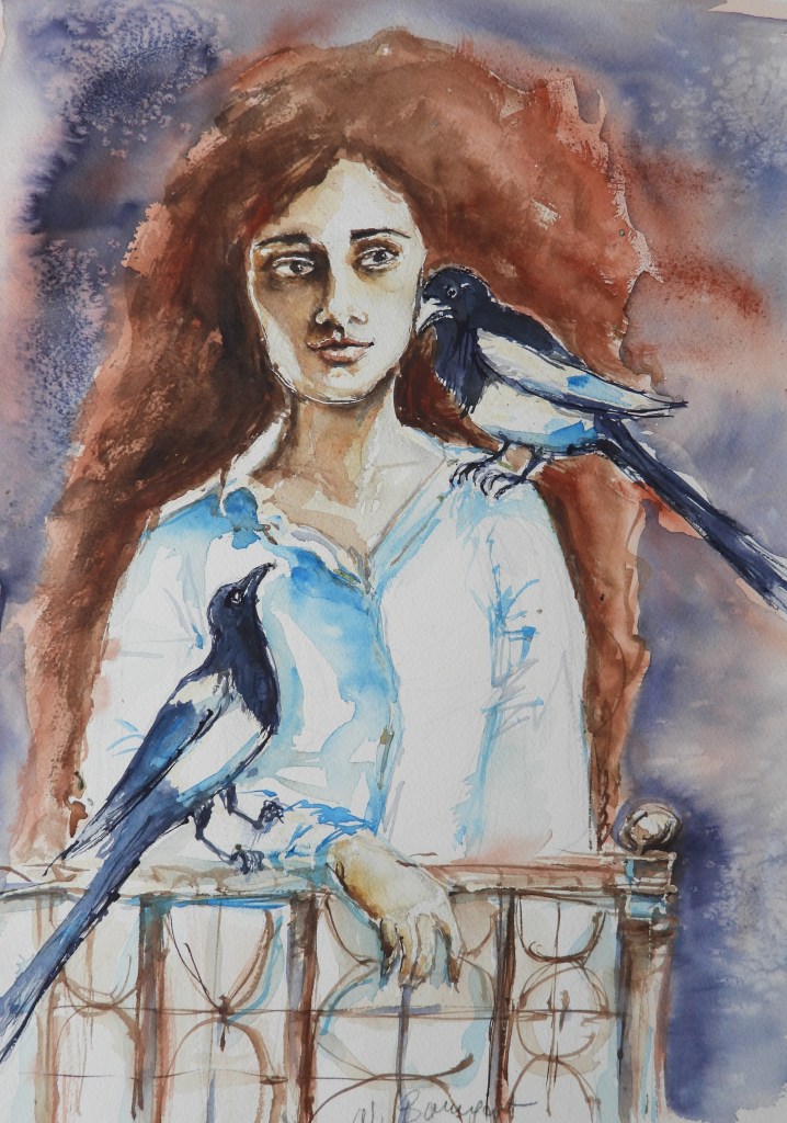 Aquarellzeichnung eines Mädchens mit lockigem, braunem Haar, das in einem blauen Hemd gekleidet ist. Sie steht an einem Geländer und hat zwei Eichelhäher auf ihren Armen. Der Hintergrund ist in sanften Blau- und Brauntönen gehalten.