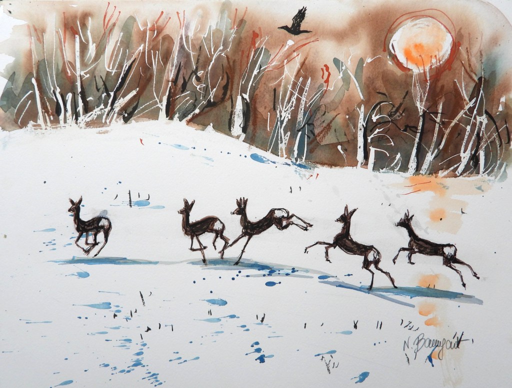 Aquarellmalerei von einer Gruppe von Rehen, die durch eine schneebedeckte Landschaft springen, mit schneebedeckten Bäumen im Hintergrund und einer untergehenden Sonne.