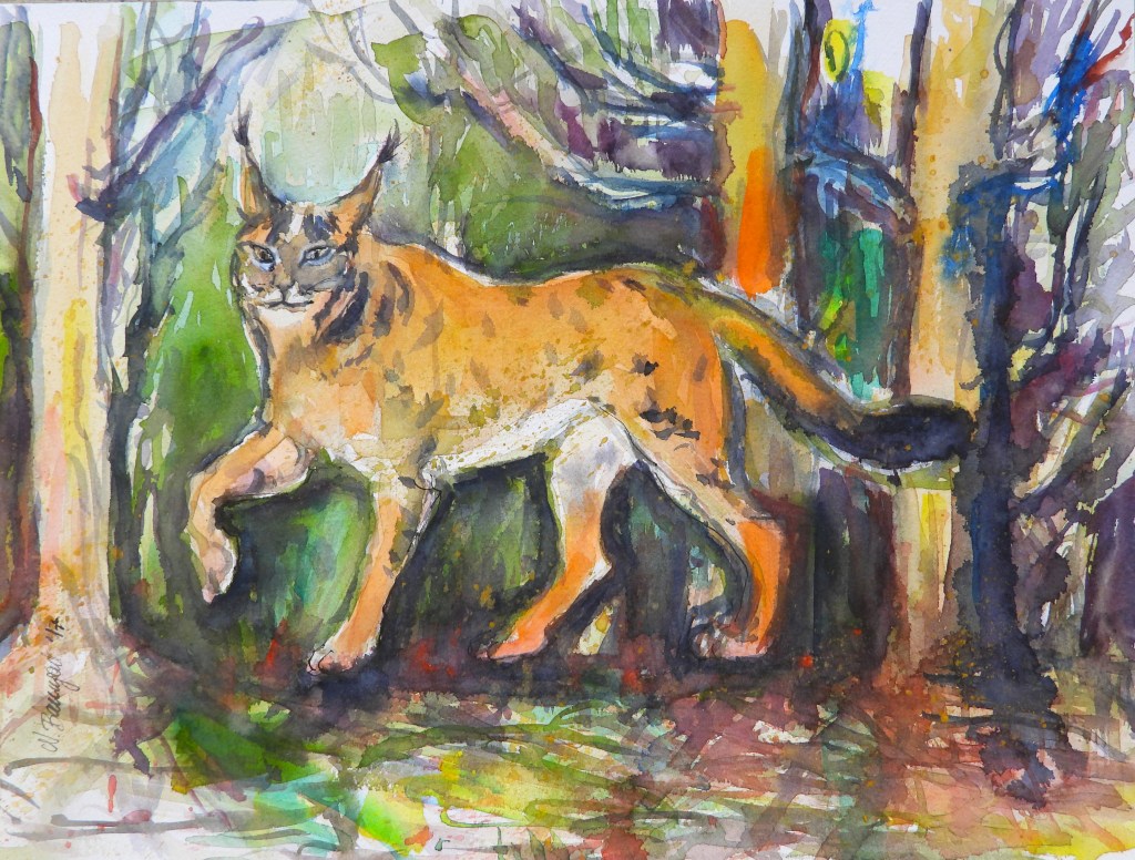 Ein Aquarellbild eines Luchses, der durch einen Wald geht, umgeben von grünen Bäumen und bunten Farben.