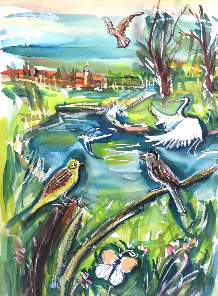 Eine farbenfrohe Aquarellmalerei mit verschiedenen Vögeln, einer Gans und einem Schmetterling in einer natürlichen Umgebung mit einem Gewässer und grünen Wiesen im Hintergrund.
