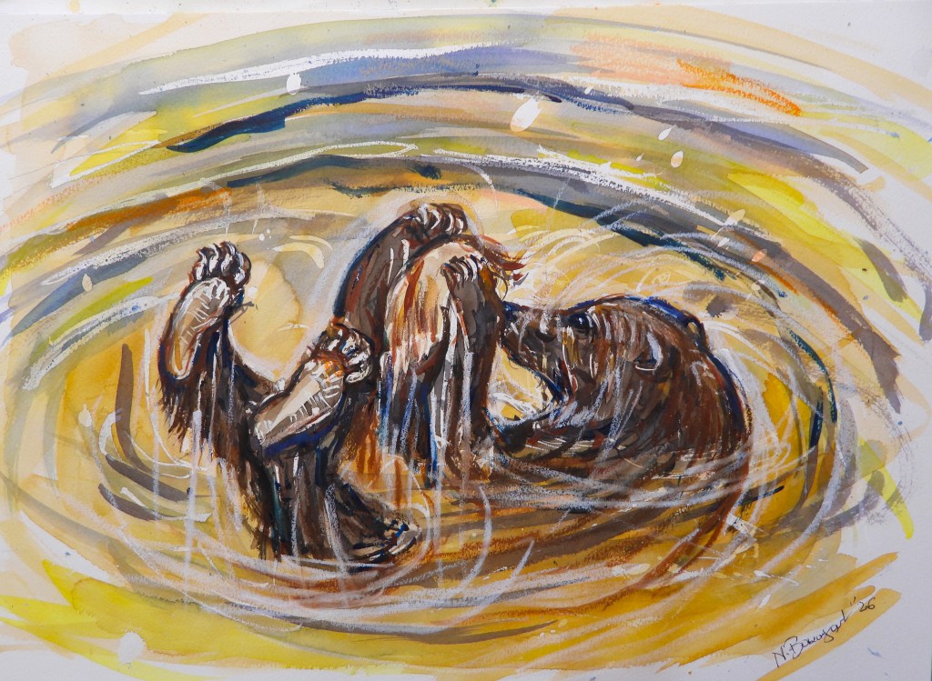 Ein Aquarellbild von zwei Bären, die spielerisch im Wasser ringen. Ihre Füße sind sichtbar, umgeben von dynamischen Wasserwirbeln in Gelb- und Brauntönen.