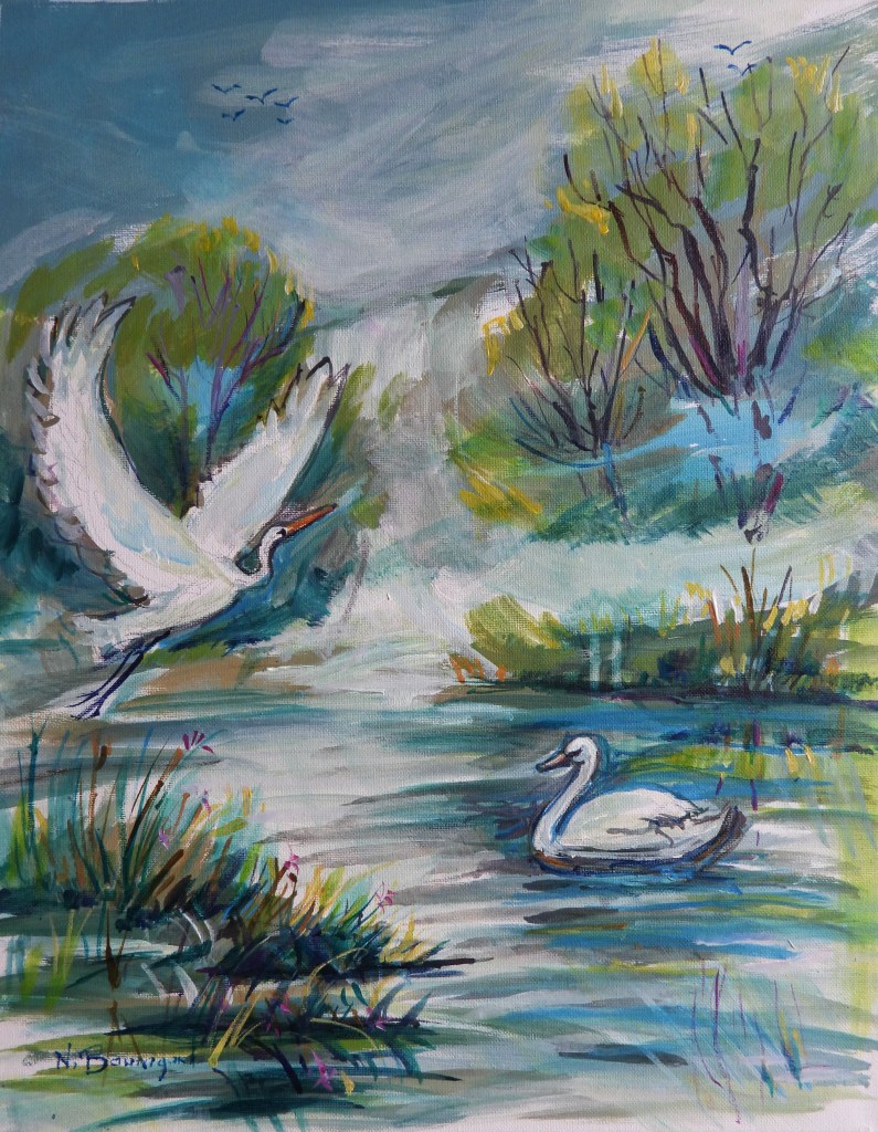 Ein impressionistisches Gemälde eines Sees mit einem fliegenden Schwan und einem schwimmenden Schwan, umgeben von blauen und grünen Farbtönen sowie Pflanzen und Bäumen.