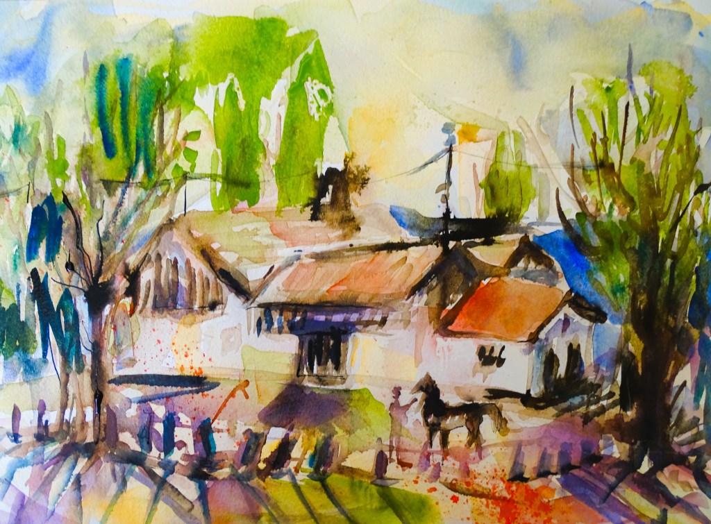 Aquarellzeichnung eines ländlichen Hauses umgeben von Bäumen und einem Pferd im Vordergrund.