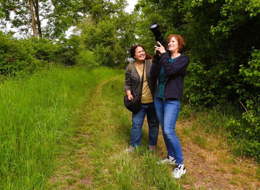 Zwei Frauen stehen auf einem Waldweg. Eine von ihnen hält eine Kamera und schaut nach oben, während die andere sie lächelnd betrachtet. Umgeben von grüner Vegetation.