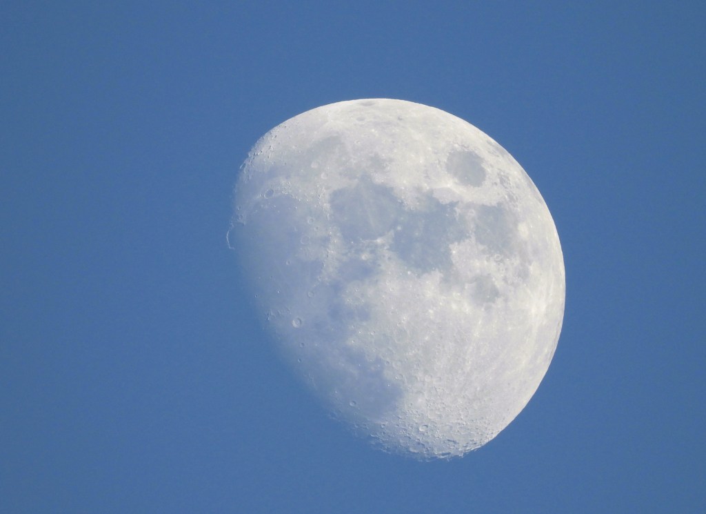 Der Mond am Himmel in einer halbmondförmigen Phase mit sichtbaren Kratern und Details.