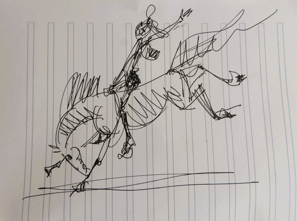 Eine skizzierte Darstellung eines Reiters, der auf einem Pferd sitzt und in Bewegung ist. Die Zeichnung zeigt einfache Linien und Formen.