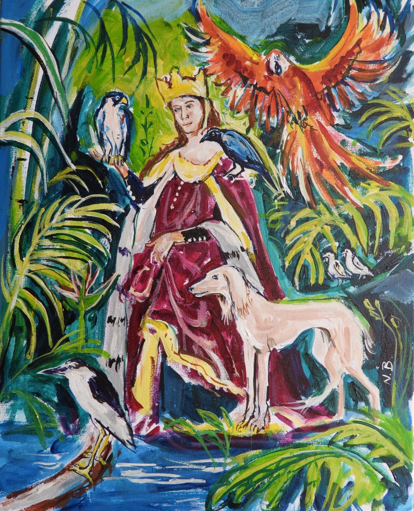 Eine Königin in einem roten Kleid sitzt in einem üppigen Dschungel, umgeben von Vögeln und einem Hund.