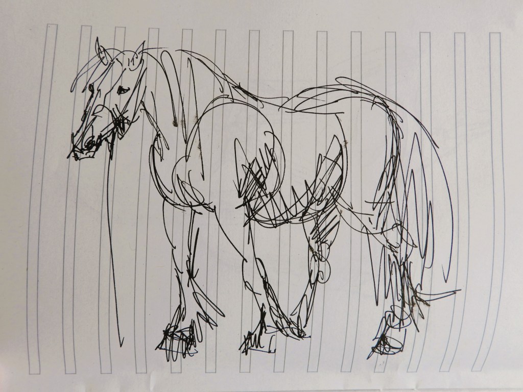 Eine skizzierte Darstellung eines Pferdes auf kariertem Papier.