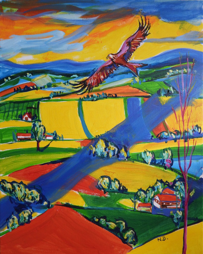 Ein farbenfrohes Landschaftsgemälde mit einem fliegenden Adler über bunten Feldern und einem Fluss, unter einem dramatischen Himmel.