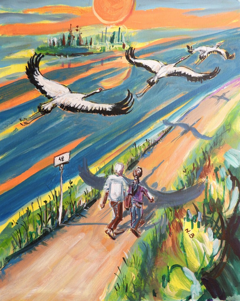 Ein gemaltes Bild von zwei Personen, die Hand in Hand auf einem Weg spazieren, während Störche über ihnen fliegen und die Sonne im Hintergrund untergeht.