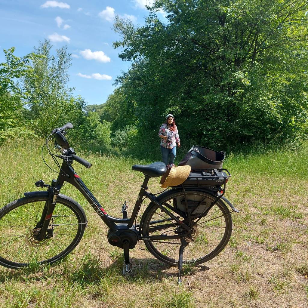 Ein Schwarz-Weiß E-Bike steht auf einer Wiese, während eine Frau im Hintergrund steht, umgeben von Bäumen und blauem Himmel mit Wolken.