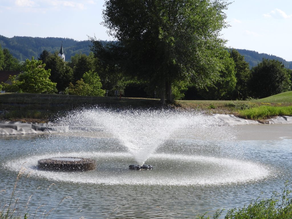 Ein Wasserfontänen im Teich mit umliegenden Bäumen und einer Kirche im Hintergrund.