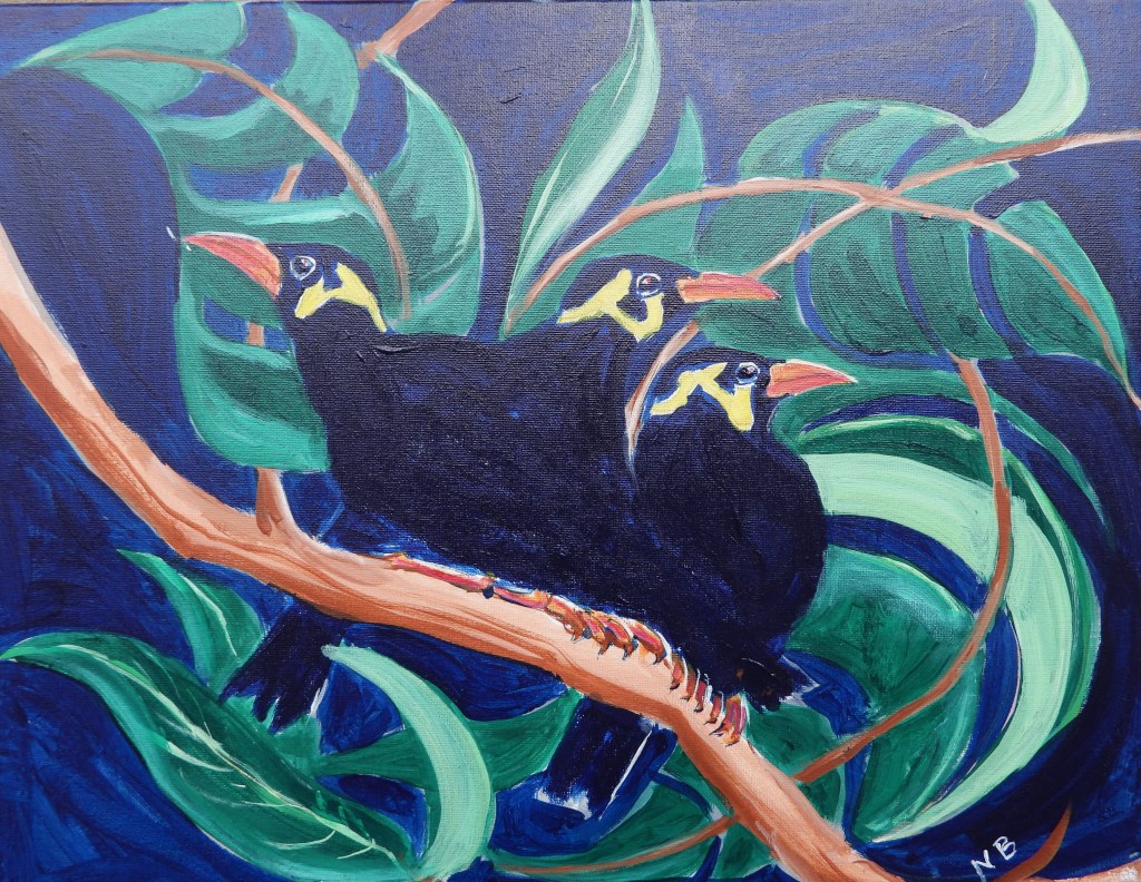 Drei schwarze Vögel mit gelben Akzenten sitzen auf einem Ast, umgeben von grünen Blättern auf einem blauen Hintergrund.