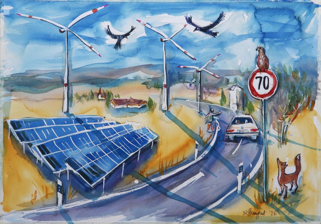 Eine malerische Landschaft mit Windrädern und Solarpanelen, ein Auto fährt auf einer kurvigen Straße, ein Schild mit Geschwindigkeitsbegrenzung 70, und ein Fuchs beobachtet die Szene.