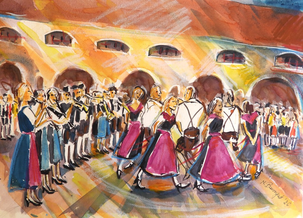 Aquarell-Darstellung eines traditionellen Tanzes mit Tänzern in farbenfrohen Kostümen und Musikern, die Instrumente spielen, vor einem historischen Hintergrund.