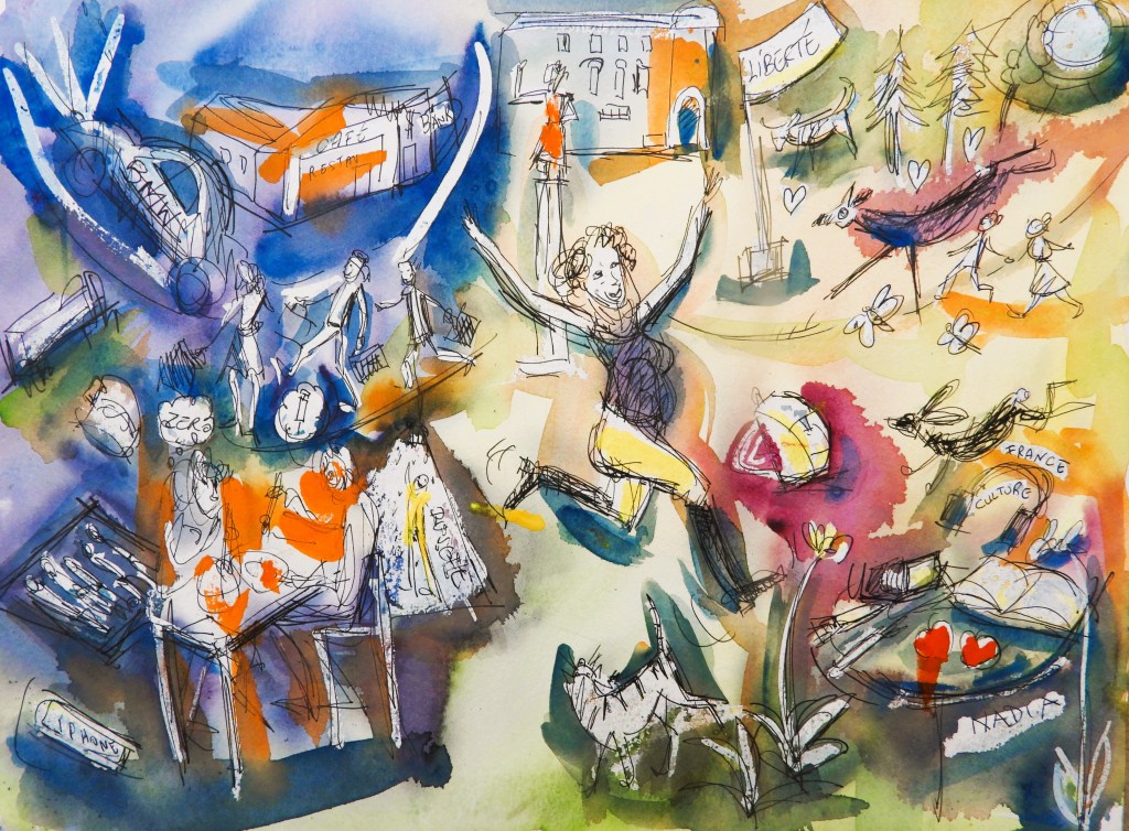 Aquarellzeichnung mit Menschen, die in einer lebhaften, farbenfrohen Umgebung interagieren. Darstellungen von Aktivitäten im Freien, wie Spaziergänge und feierliche Momente. Elemente wie ein Hund, Natur und kulturelle Symbole sind ebenfalls zu sehen.
