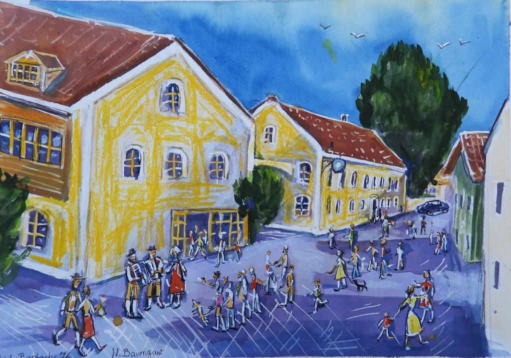 Aquarellmalerei einer belebten Straße mit gelben Häusern, in der Menschen und Tiere spazieren gehen, während Musiker im Vordergrund spielen.