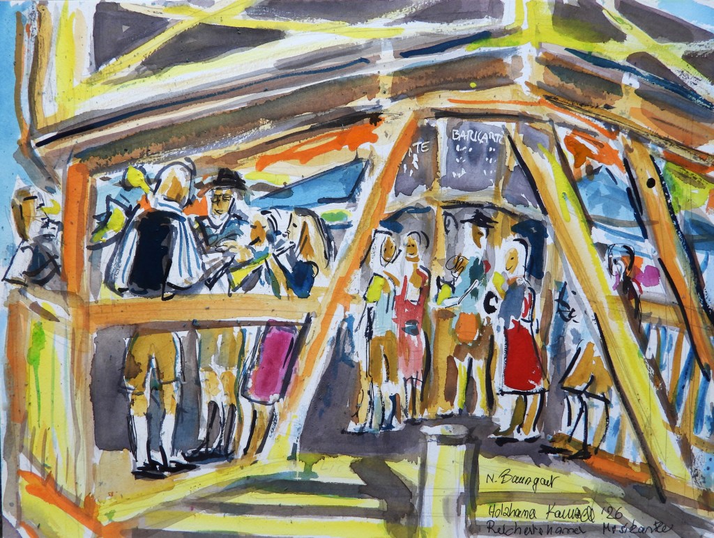 Eine aquarellierte Darstellung einer Menschenmenge in traditioneller Kleidung, die sich an einem Pavillon oder einer Marktstände versammelt. Der Hintergrund zeigt eine lebendige Landschaft.