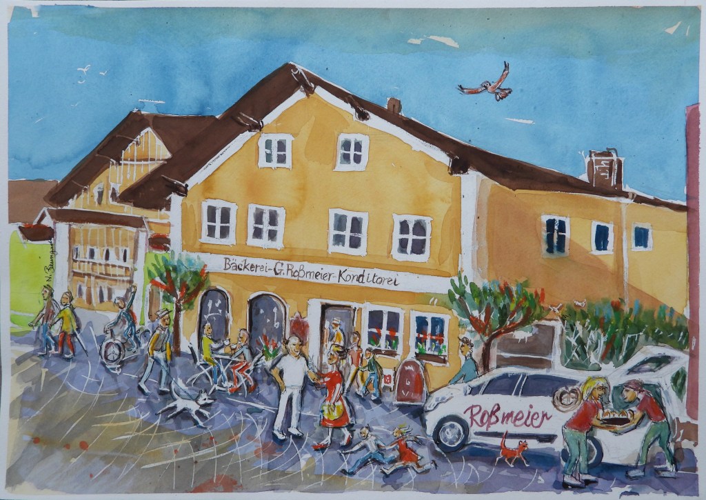 Aquarell-Darstellung eines belebten Platzes mit einer Bäckerei, Menschen, die spazieren, Rad fahren und sich unterhalten, umgeben von Bäumen und einem Auto mit dem Namen der Bäckerei.