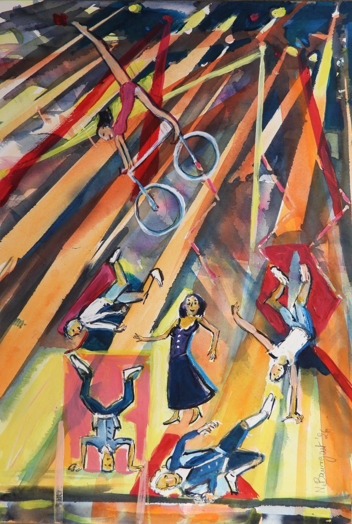 Eine farbenfrohe watercolor Darstellung eines Zirkus, wo ein Artist auf einem Rad balanciert und mehrere Personen in verschiedenen Akrobatik-Posen auf dem Boden liegen.