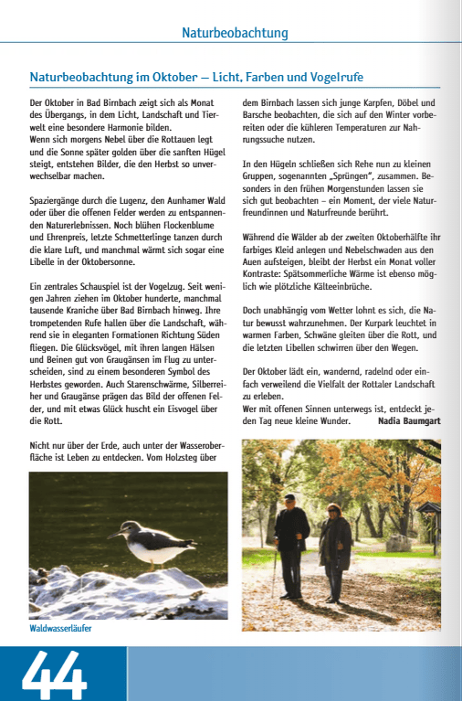 Ein Artikel über die Naturbeobachtung im Oktober, der die harmonische Landschaft und Tierwelt in Bad Birnbach beschreibt, mit Fokus auf Licht, Farben und Vogelrufe.